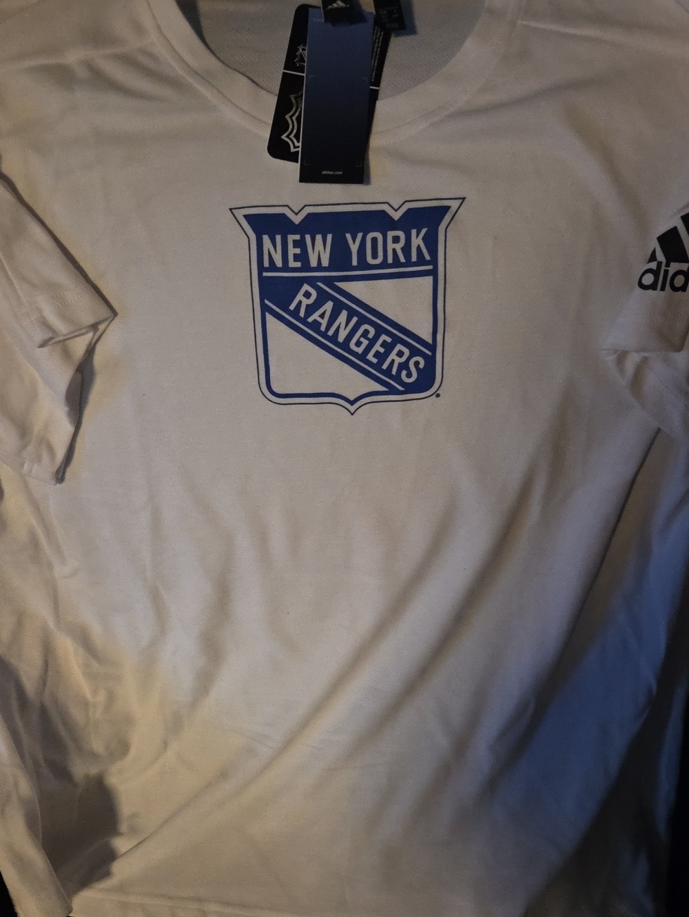 adidas White T-Shirt with Blue New York Rangers Shield
